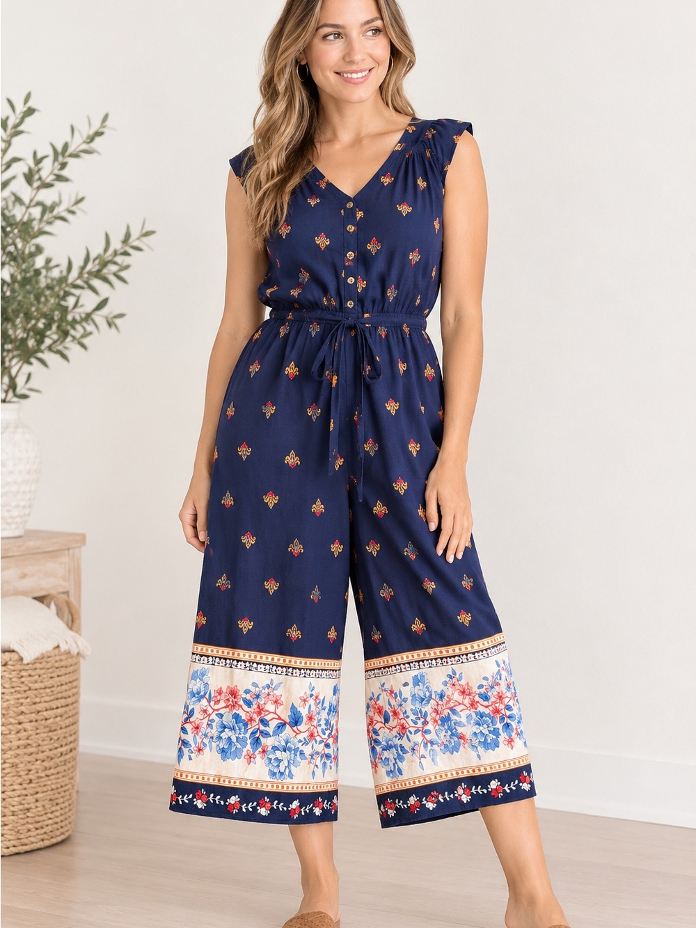 Navy Floral Border Wide-Leg Jumpsuit